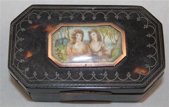 A George III elongated octagonal tortoiseshell snuff box, 3in.
